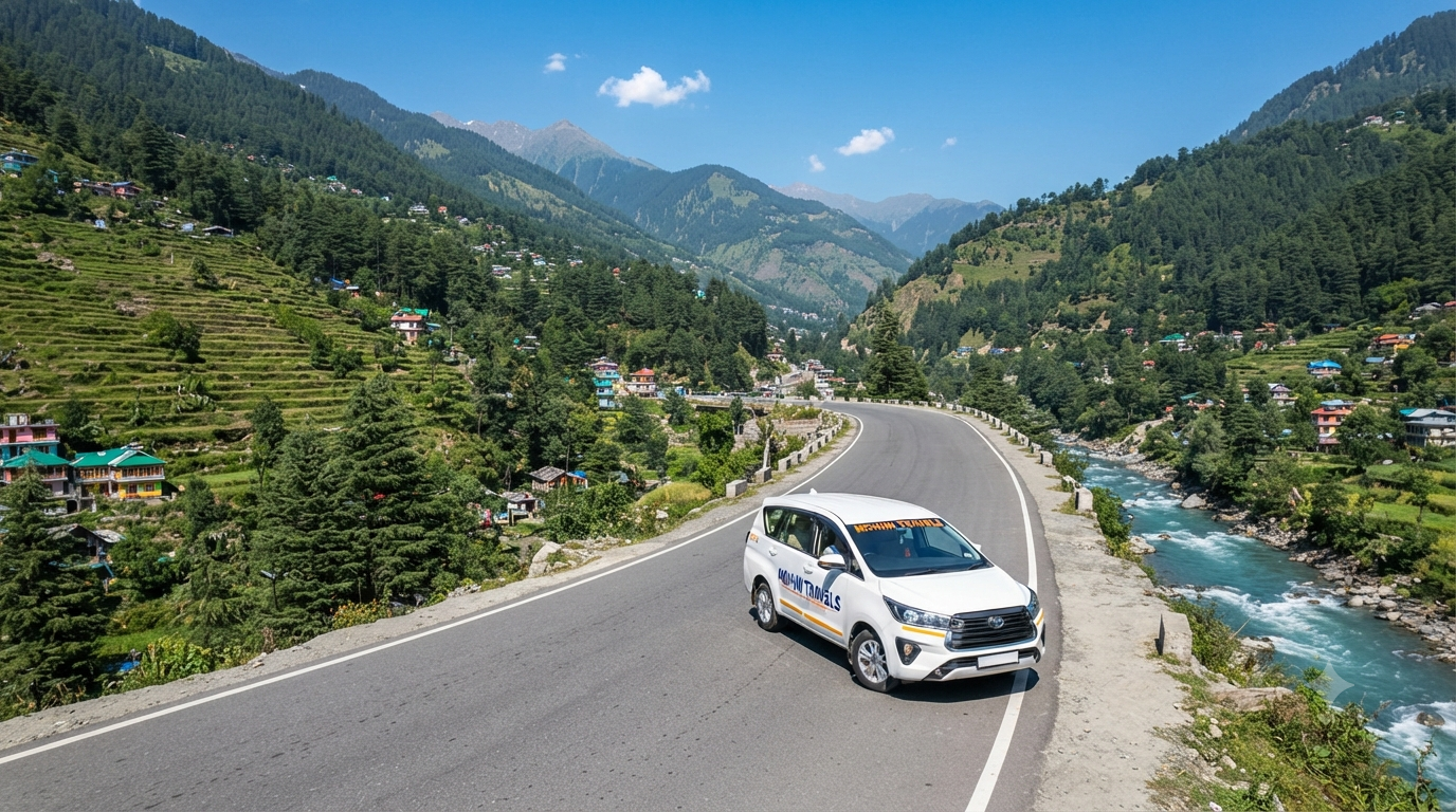 Family enjoying a road trip in an SUV through the green hills of Himachal Pradesh